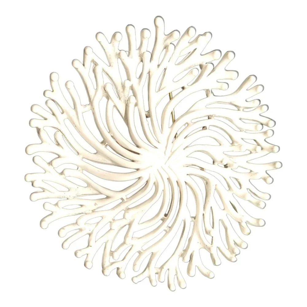 Trifari White Enamel Flower Coral Nature Inspired Brooch Vintage